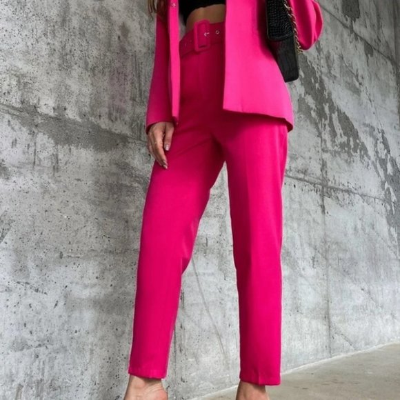 Hot Pink Belted Classic business chicf Tapered Pants - Picture 4 of 8
